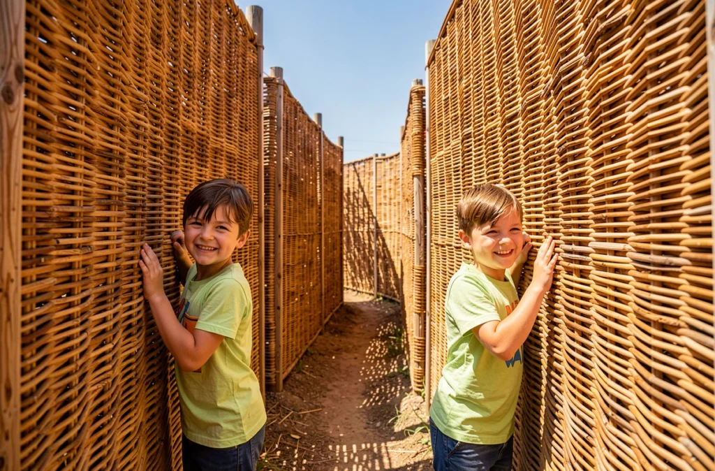 Trois enfants riant en explorant un grand labyrinthe en bois et osier au Mad Maze de Larnas en Ardèche