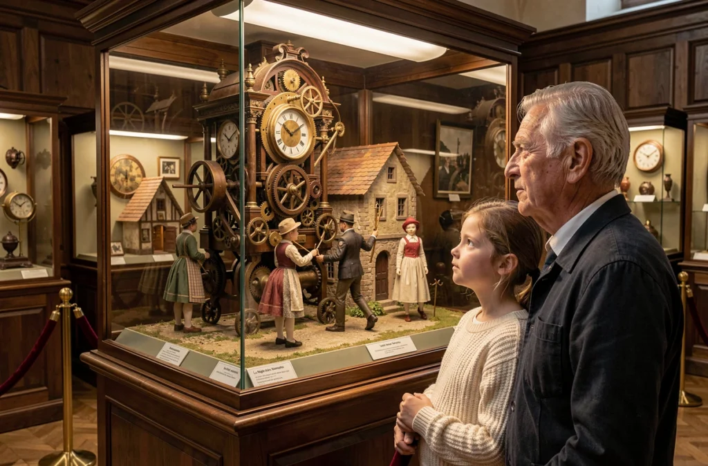Un grand-père et sa petite-fille admirant un automate mécanique animé à La Magie des Automates à Lans-en-Vercors