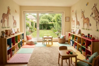 Vue d'ensemble d'une crèche chaleureuse dans le Puy-de-Dôme avec des jouets colorés et une décoration apaisante