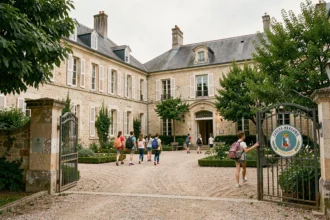 Vue d'ensemble d'un campus d'école privée en Charente-Maritime avec architecture en pierre et cour animée