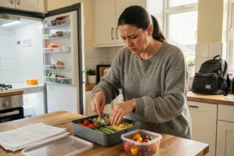 Mère préparant un repas fait maison pour son enfant en urgence le matin avant l'école suite à une grève de la cantine annoncée la veille
