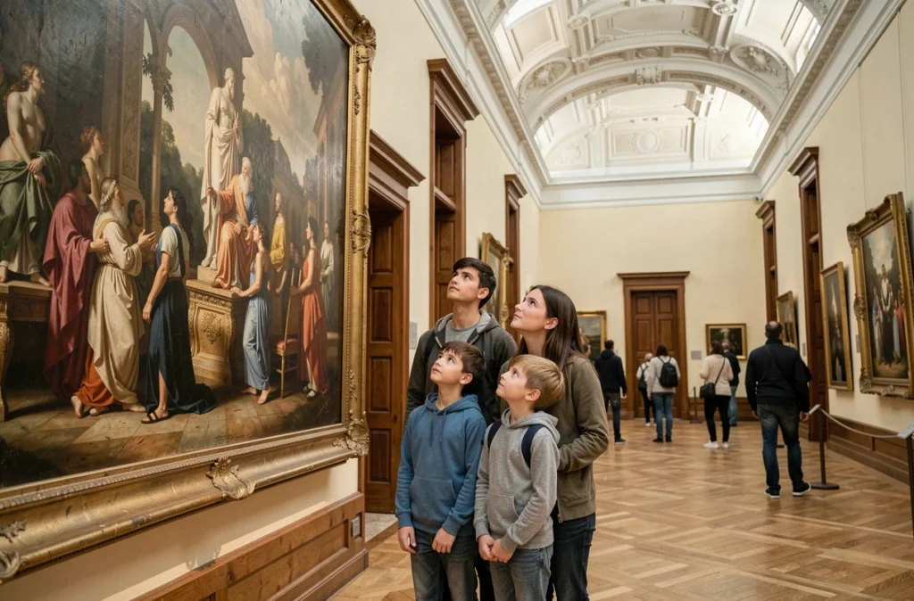 Une mère et ses enfants admirent une grande peinture classique dans les galeries du Musée des Beaux-Arts de Rouen