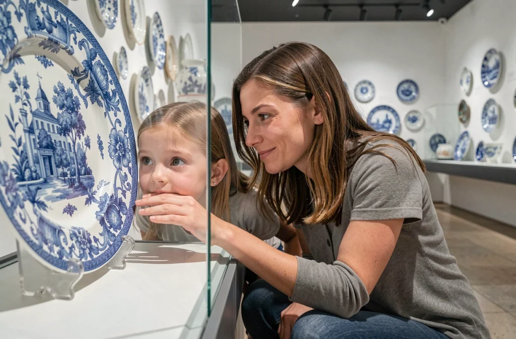 Une mère et sa fille admirent une faïence peinte à la main au Musée de la Céramique de Rouen