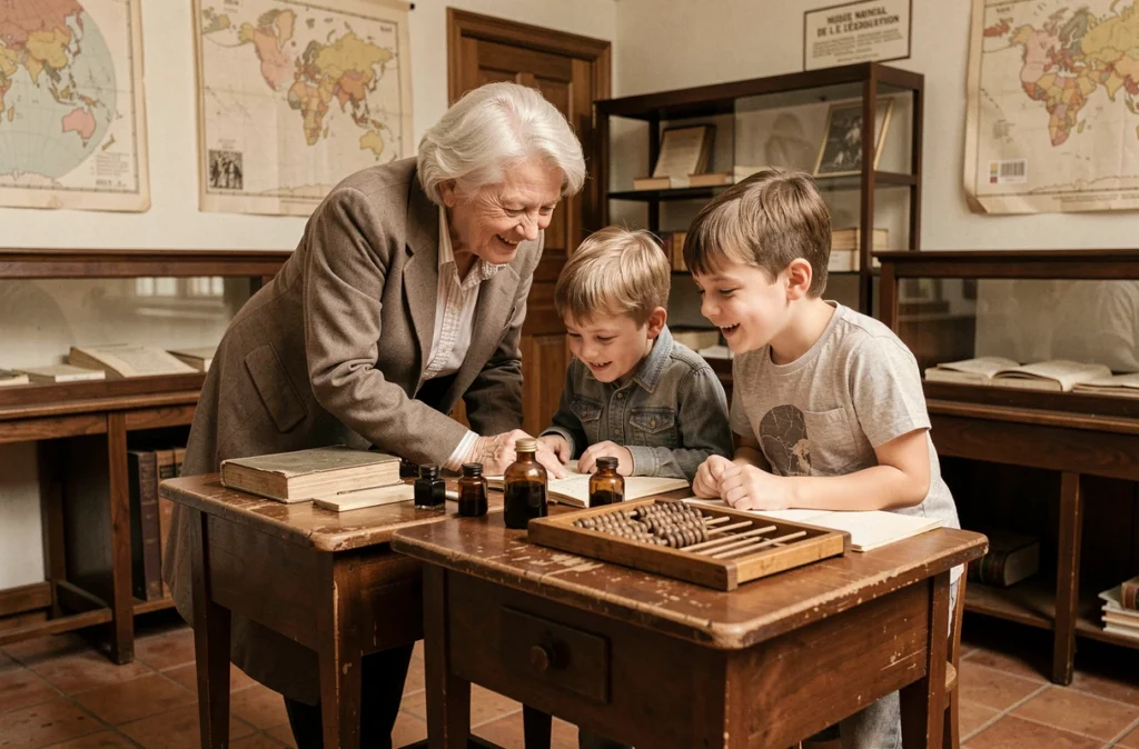 Une grand-mère et ses petits-enfants découvrent des objets scolaires anciens au Musée national de l'Éducation de Rouen