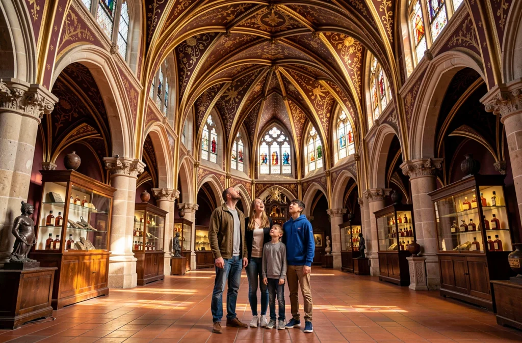 Une famille découvre la grande salle ornementée du Palais Bénédictine de Fécamp, contemplant les plafonds dorés