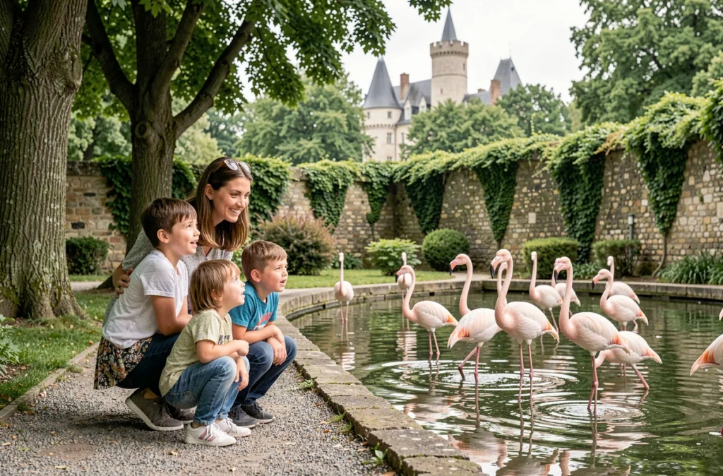 Une mère et ses enfants observent des flamants roses dans l'étang du Parc de Clères en Seine-Maritime