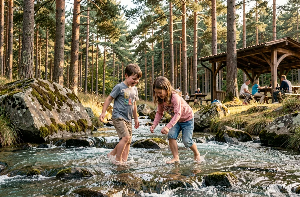 Deux enfants jouant dans un ruisseau naturel au Parc Fenestre de La Bourboule, entourés de pins et de rochers moussus