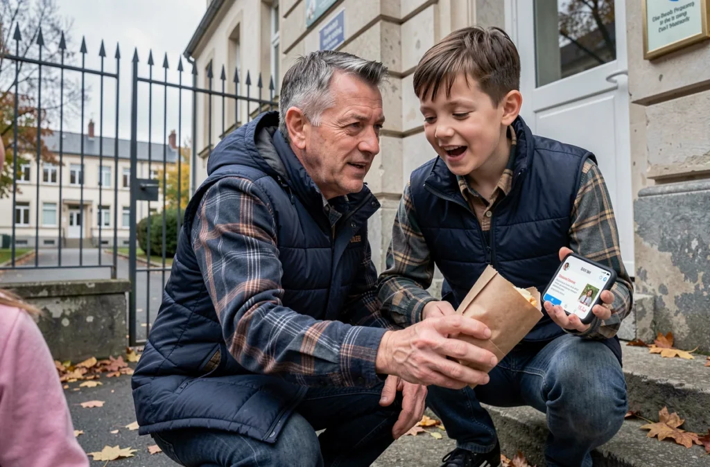 Père déposant un repas de substitution à son enfant devant l'entrée de l'école lors d'une grève imprévue de la cantine