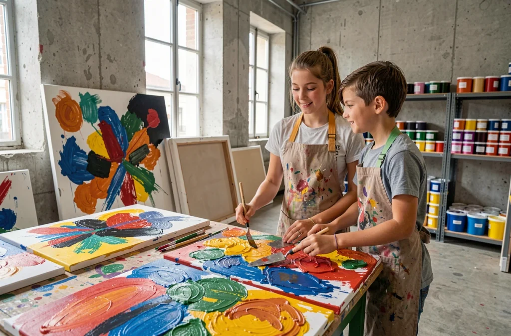 Deux enfants travaillent sur des toiles abstraites lors d'un stage d'arts plastiques Pranam Production au Havre