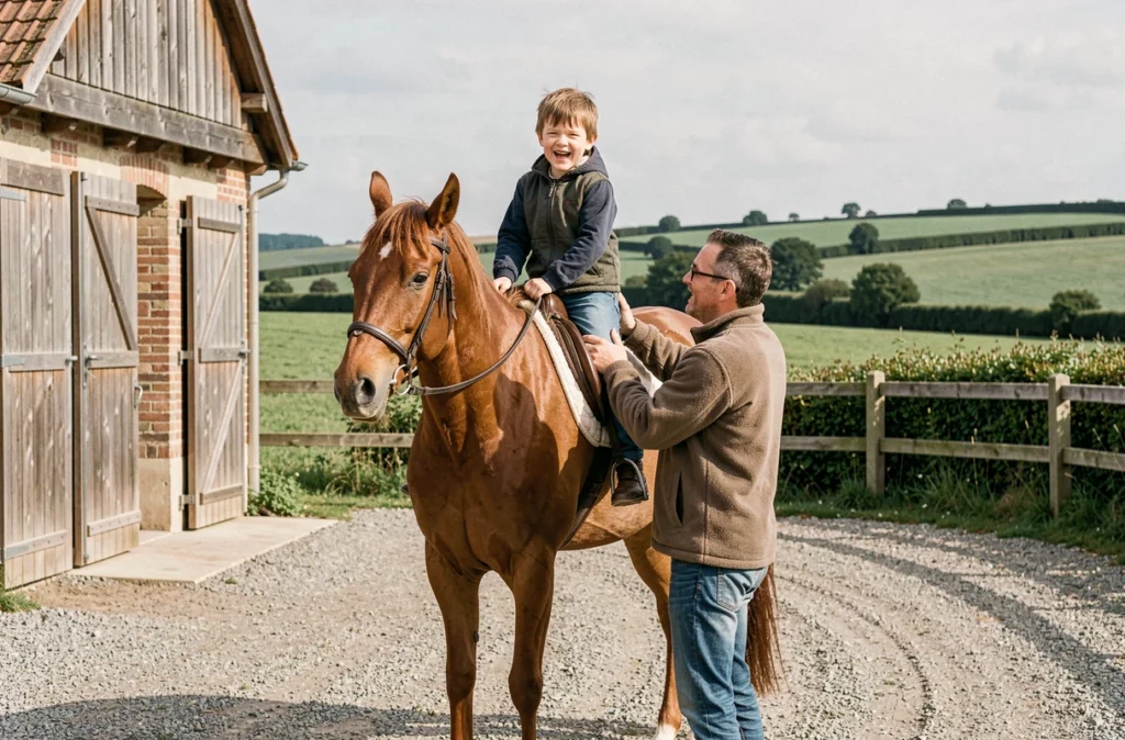 Un père aide son enfant à monter à cheval sous la supervision d'un moniteur à La Hallotière en Seine-Maritime