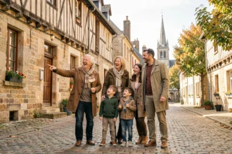 Une famille multigénérationnelle explore une place historique en Normandie lors d'une sortie en Seine-Maritime