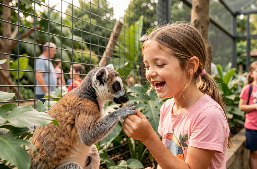 Une fillette souriante nourrissant un lémurien à travers un enclos au Touroparc de Romanèche-Thorins en Saône-et-Loire