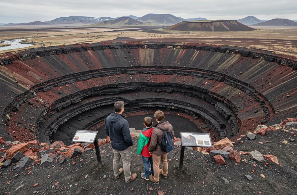 Un père et son fils au bord d'un cratère volcanique ouvert au Volcan de Lemptégy à Saint-Ours dans le Puy-de-Dôme