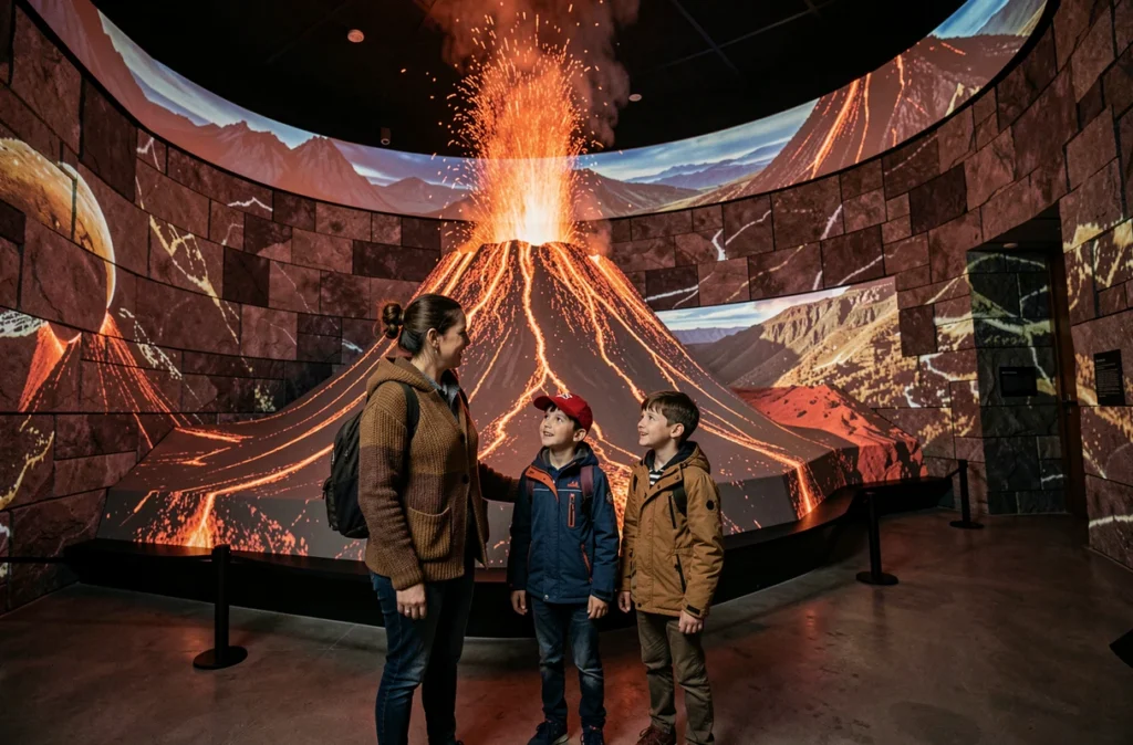 Une mère et ses deux enfants découvrant une exposition volcanique immersive au parc Vulcania dans le Puy-de-Dôme