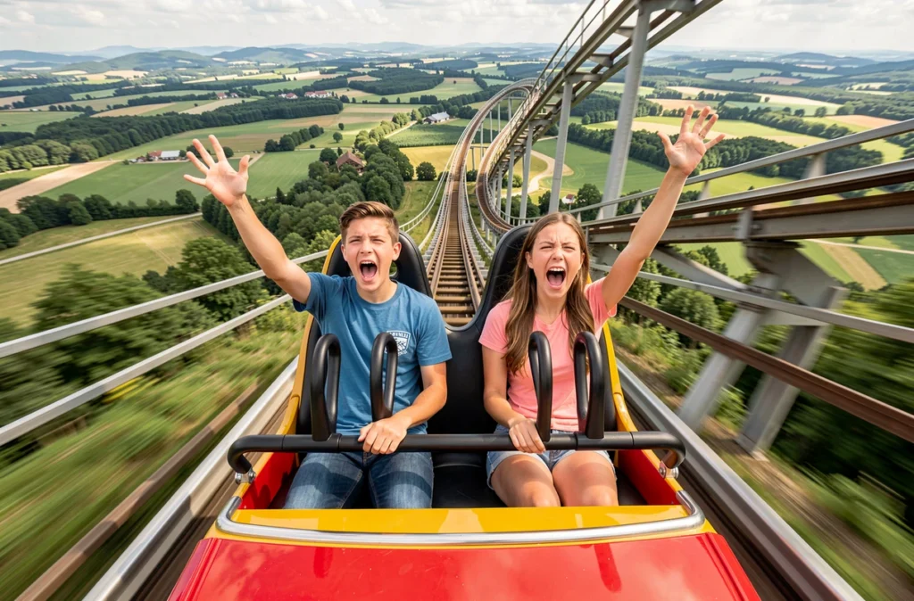 Deux adolescents criant d'excitation à bord d'un grand huit à Walibi Rhône-Alpes en Isère
