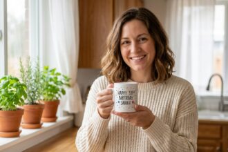 Femme tenant un mug personnalisé avec message d'anniversaire dans une cuisine chaleureuse