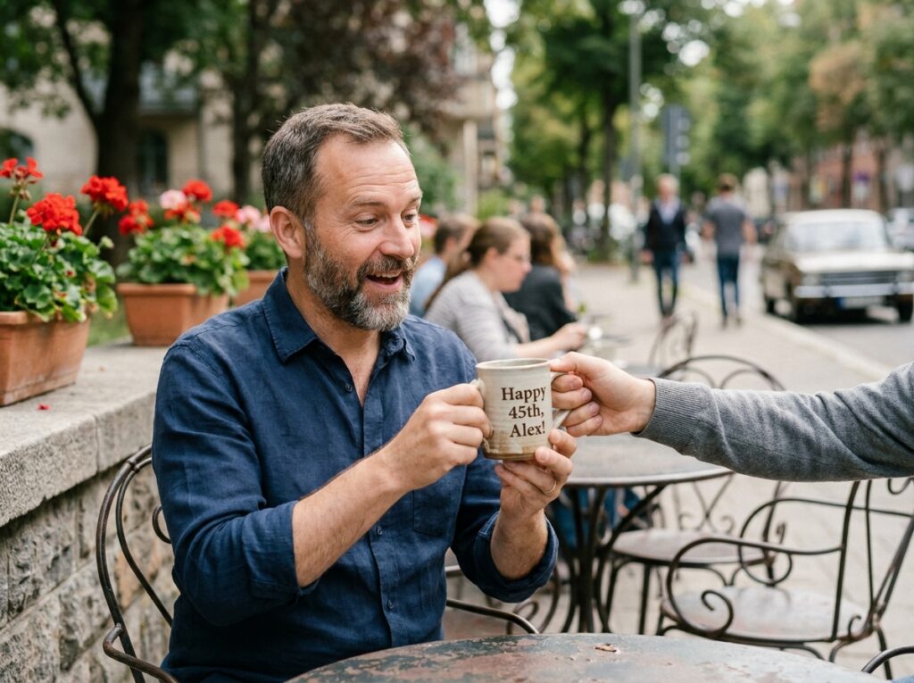 Homme recevant un mug personnalisé en cadeau d'anniversaire en terrasse de café