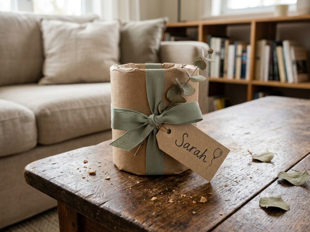 Mug personnalisé emballé en cadeau d'anniversaire avec étiquette kraft et décoration naturelle