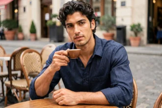 Portrait d'un jeune homme prénommé Raphaël assis en terrasse de café parisien, exprimant confiance et caractère, illustrant la symbolique du prénom en 2026