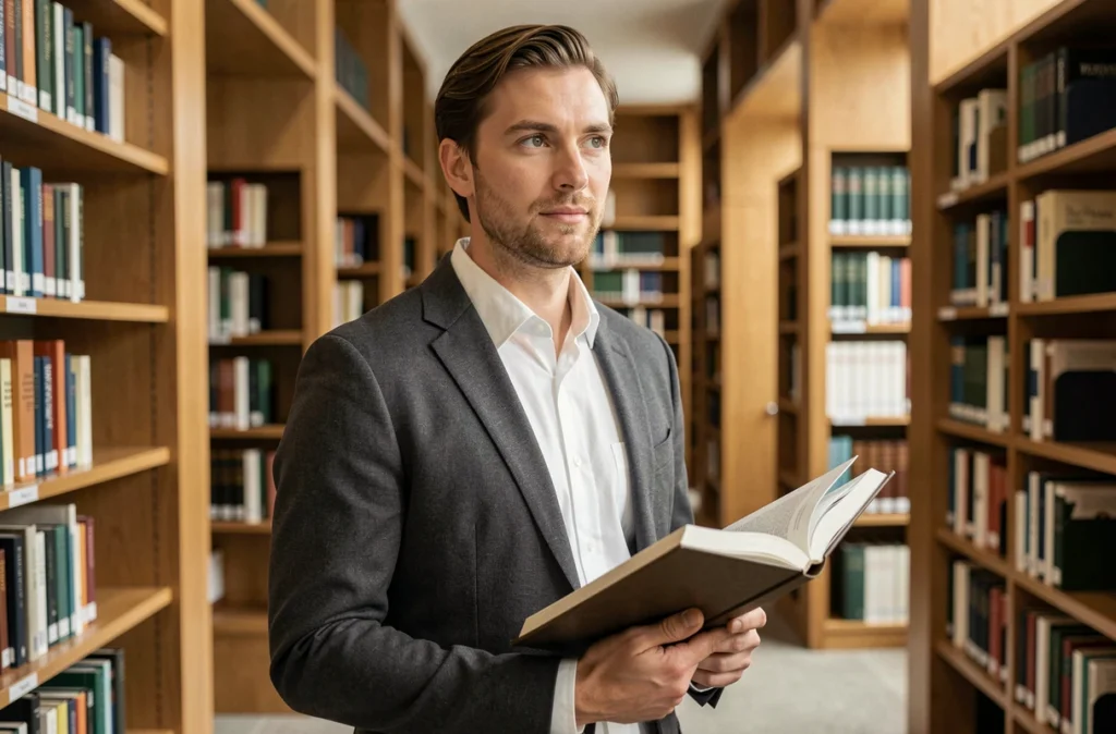 Homme prénommé Raphaël dans une bibliothèque moderne tenant un livre, portrait illustrant l'image et la symbolique du prénom Raphaël en 2026